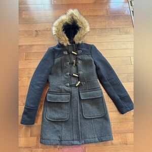 Kismet Faux Fur trimmed hooded Pea Coat Jacket size S